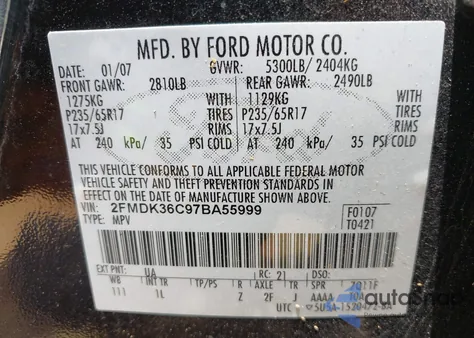 2007 Ford Edge Se from USA, damaged, VIN 2FMDK36C97BA55999